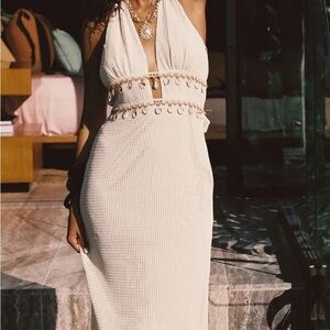 12th Tribe Cream Ribbed Tie Front Halter Dress